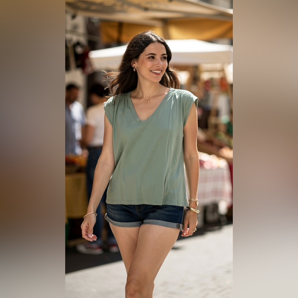 LOFT Sage Green V-Neck Short Sleeve Top